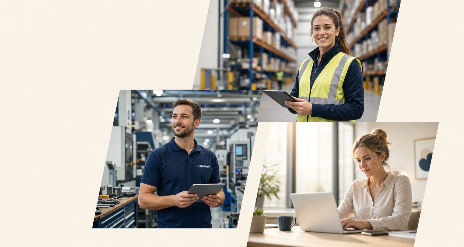 Professionals at work: warehouse, technical and office.